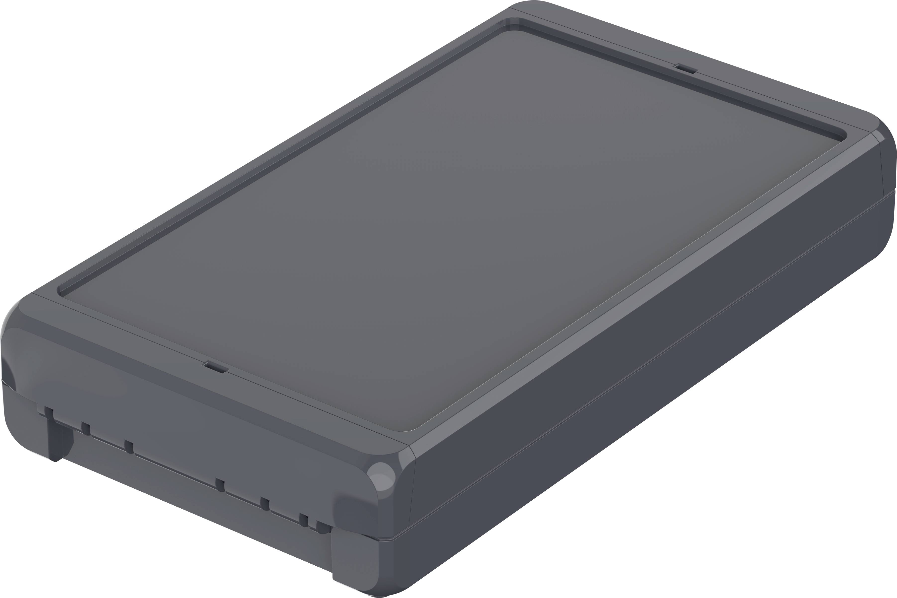 A black, rectangular hard drive enclosure with rounded corners, lying on a white surface.