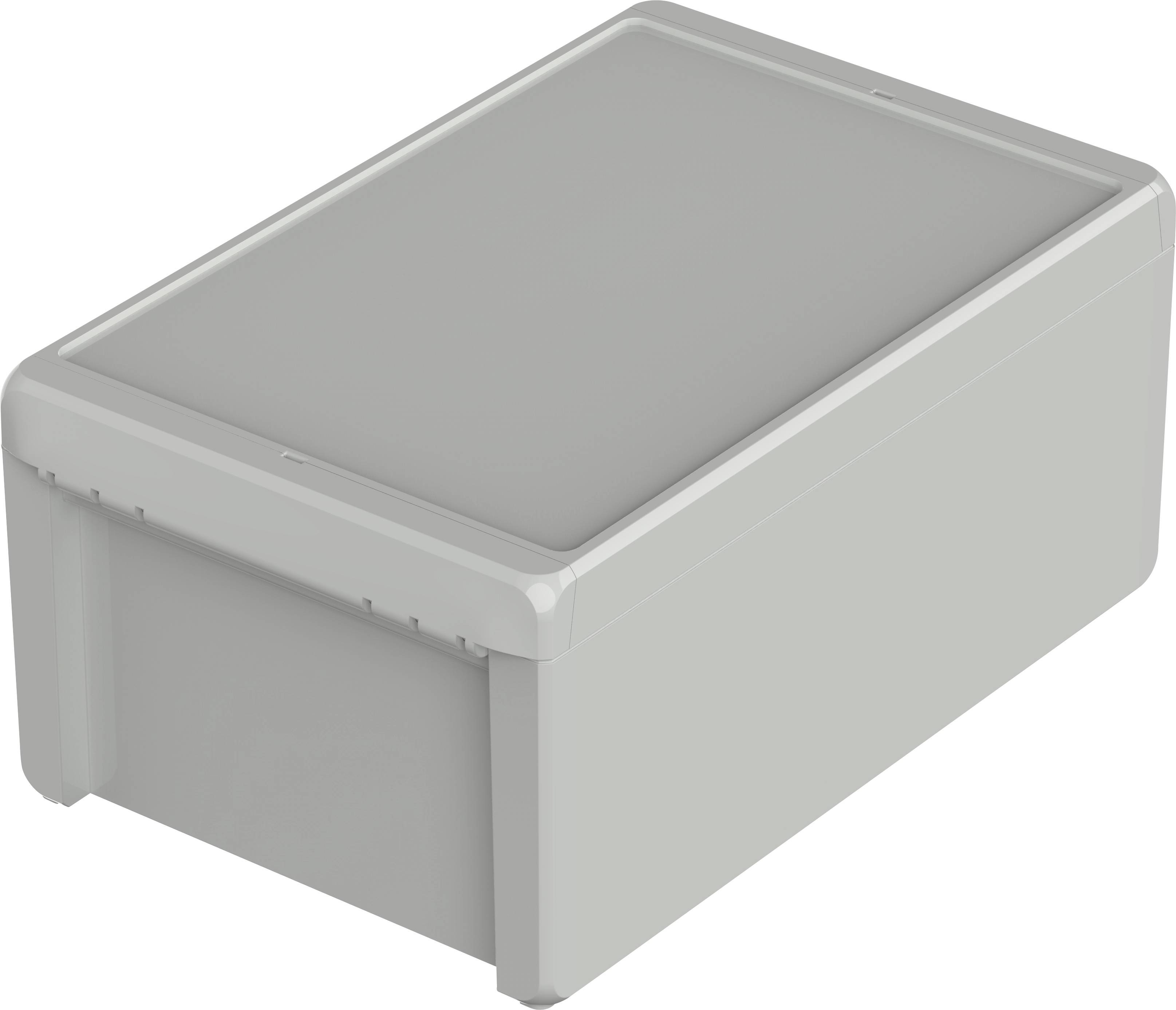 Rectangular grey plastic storage box with lid.