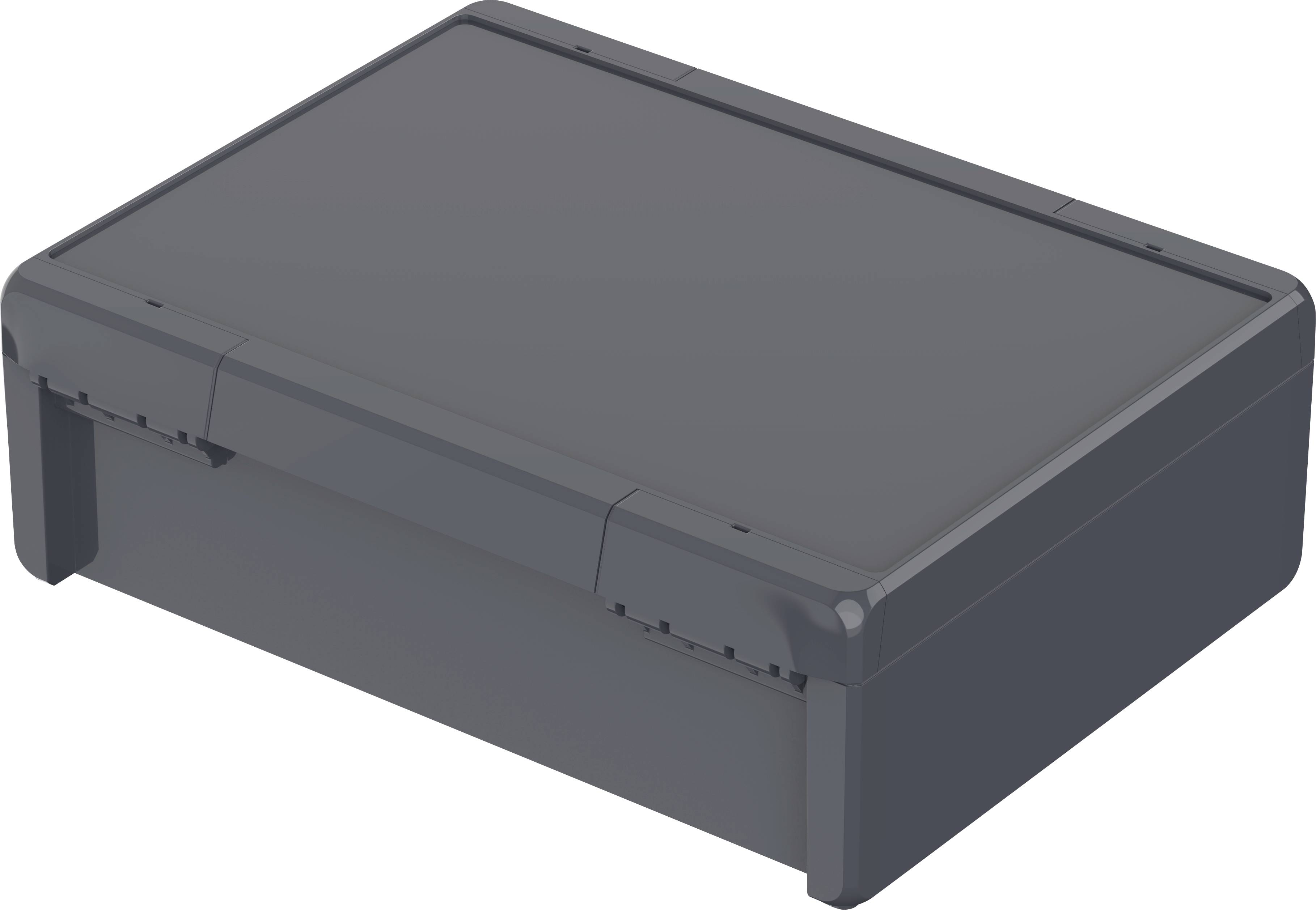 A black, rectangular plastic casing with rounded corners, possibly an enclosure or container, without visible details.