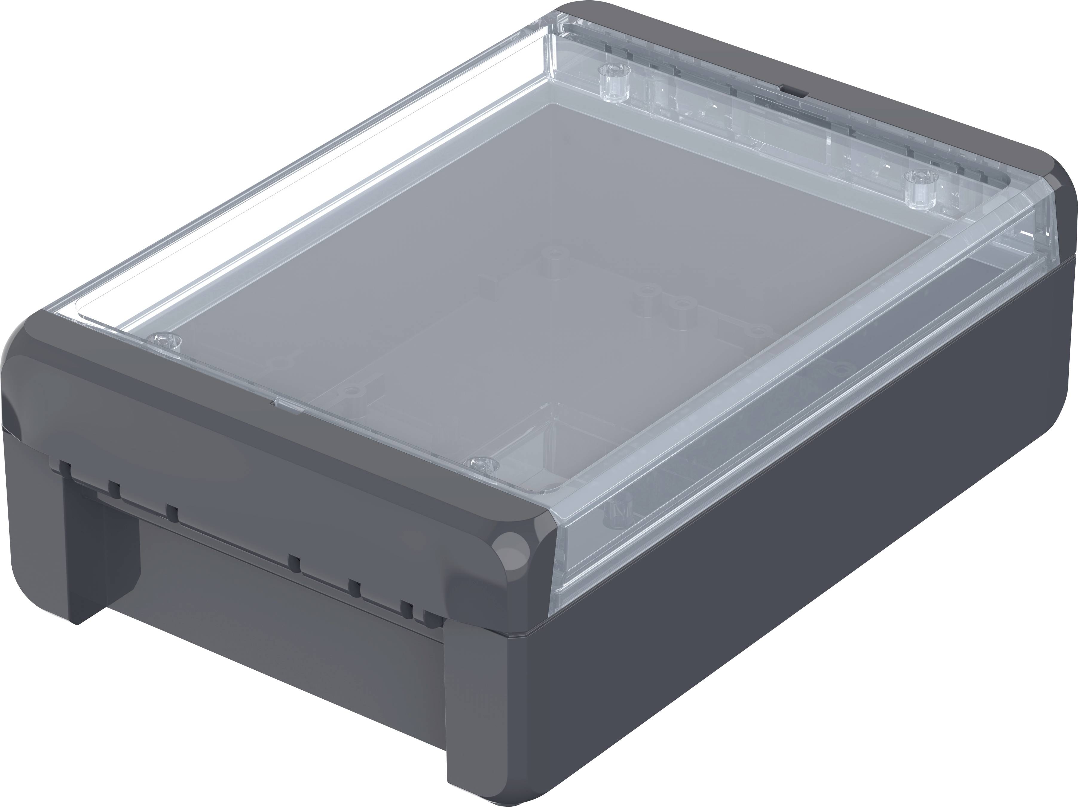 Housing with a clear lid and dark base, potentially for electronic components or wiring.