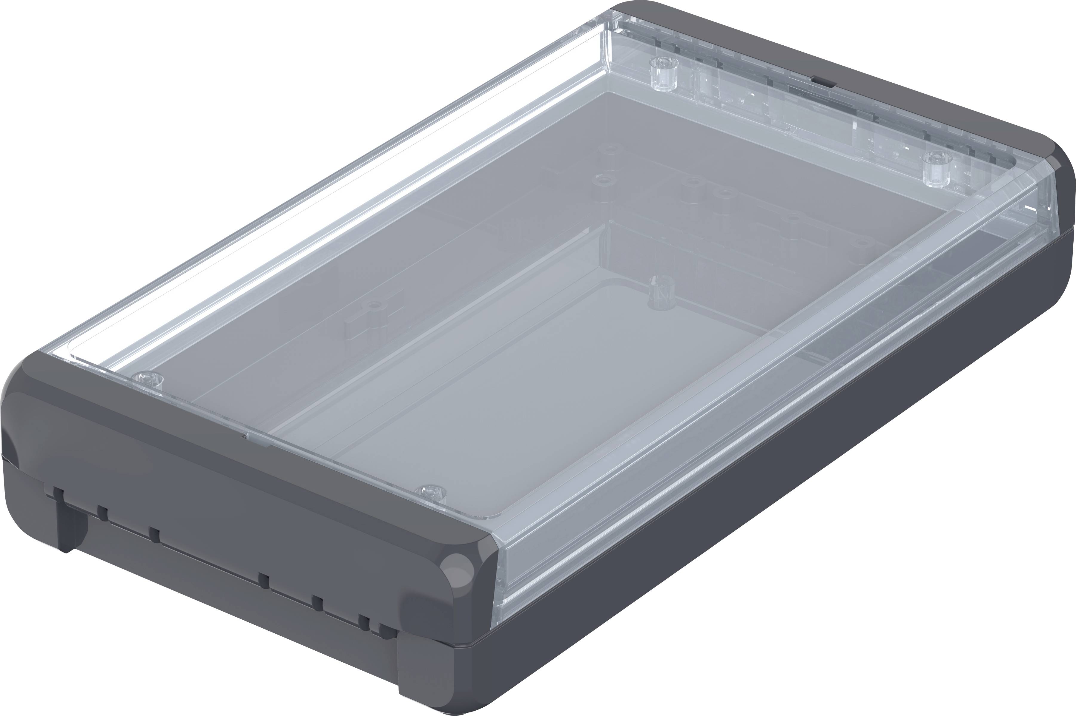 A transparent plastic casing with dark grey corners, rectangular in shape, viewed from an overhead perspective.
