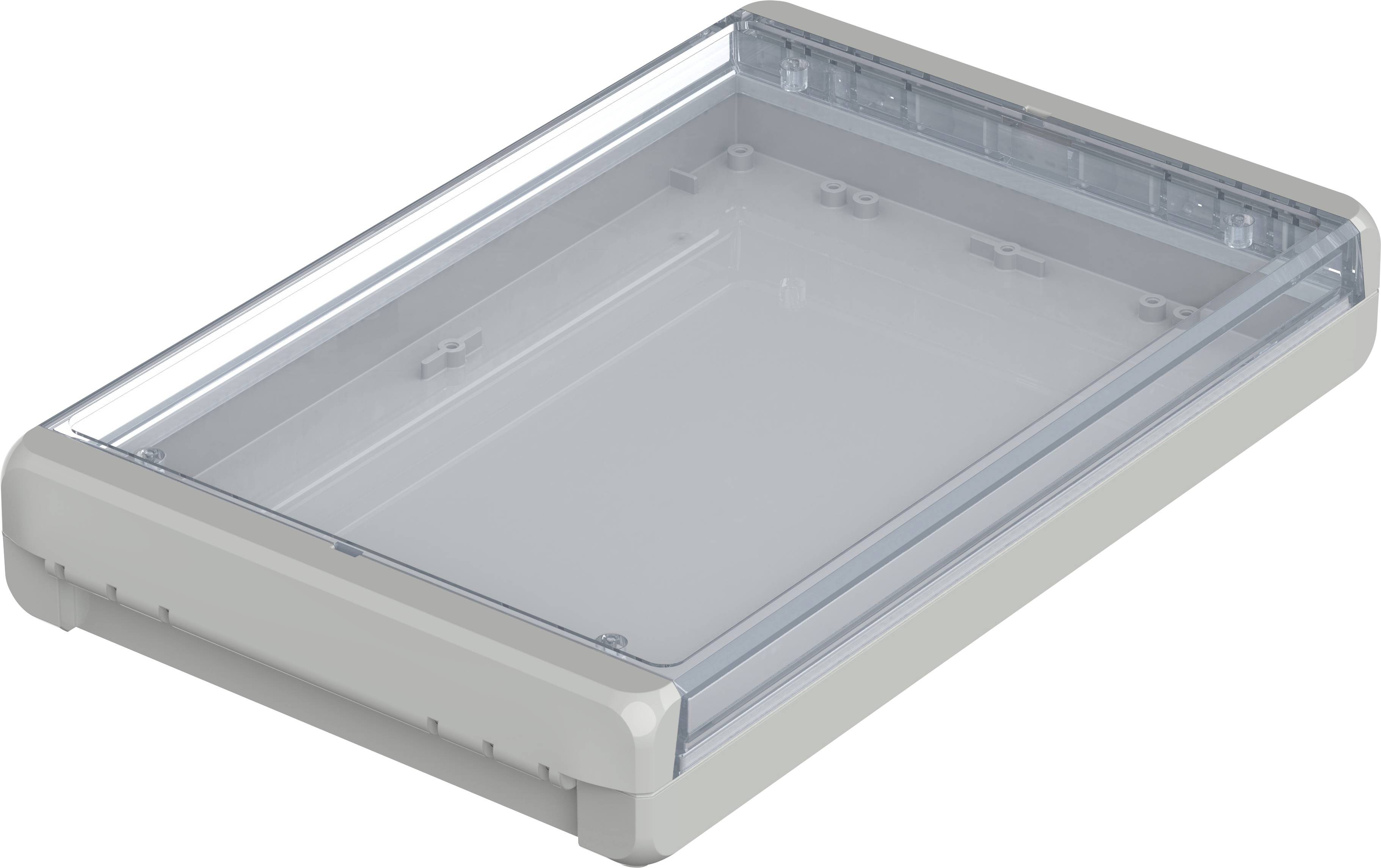 Empty plastic storage box with transparent lid, rectangular shape, suitable for storing or protecting items.