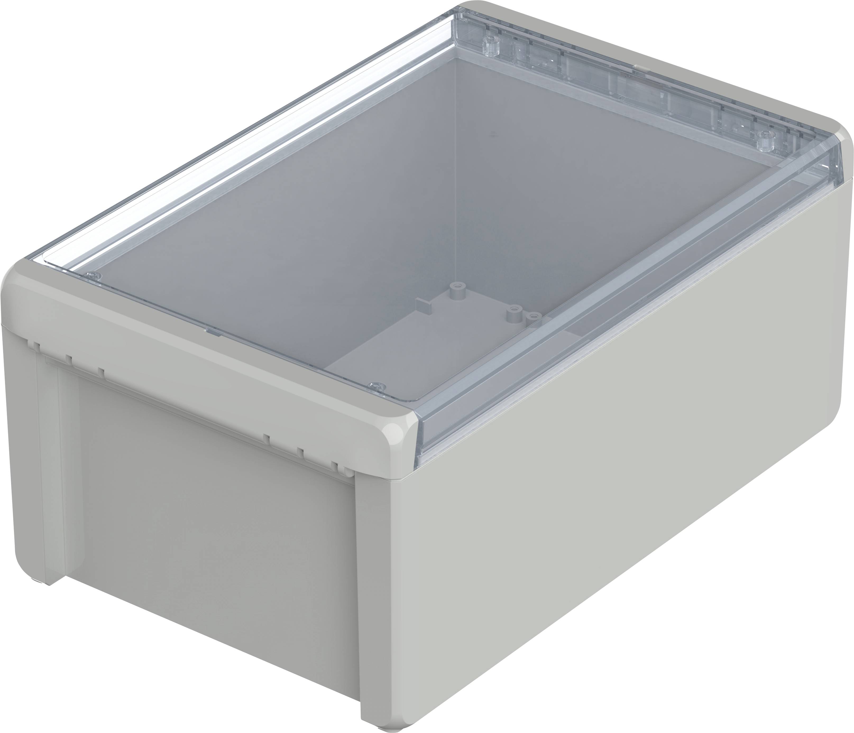 Rectangular grey plastic enclosure with transparent lid, suitable for electronic components or cables.