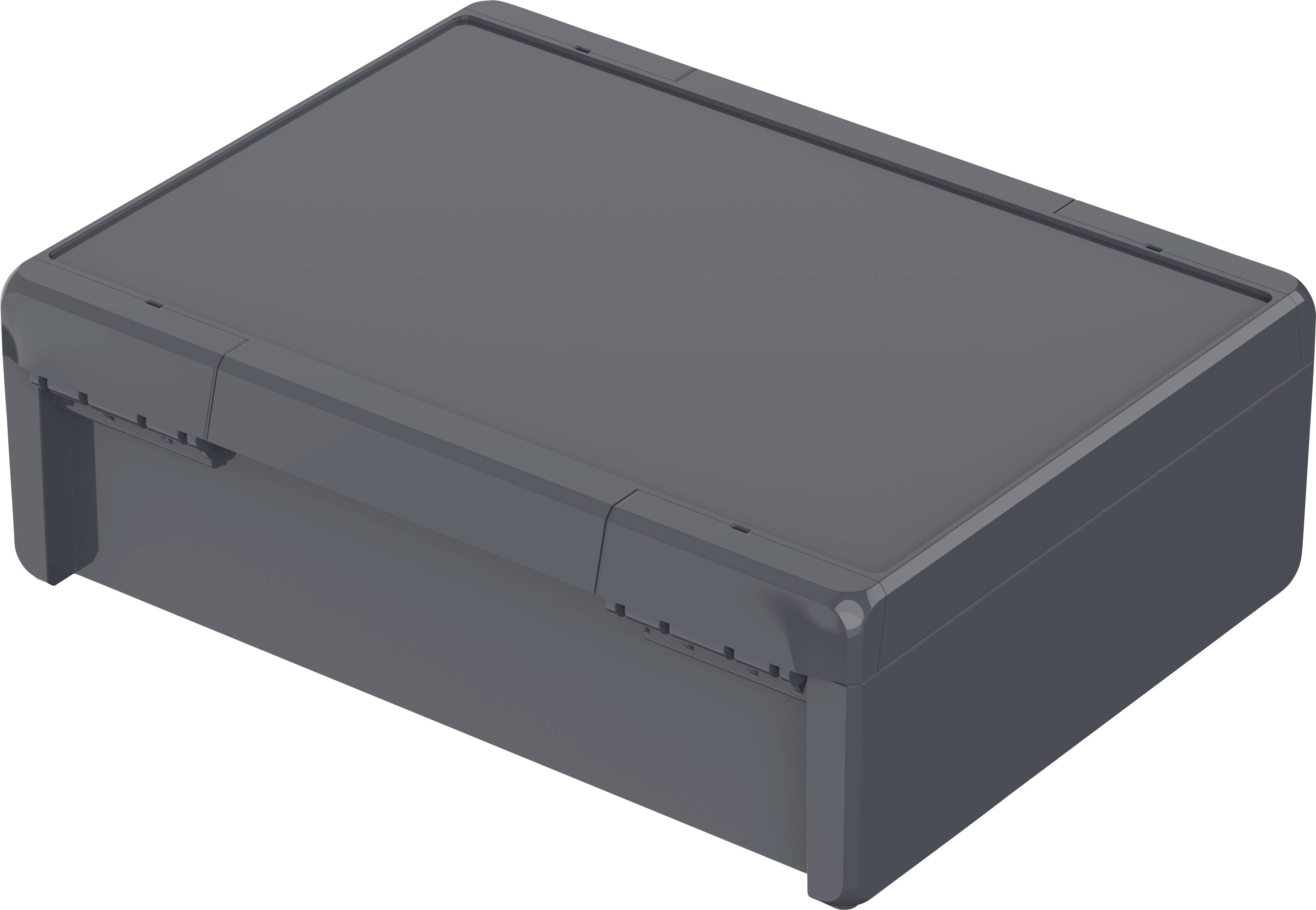 A black plastic container with a lid, suitable for stacking and storing items.