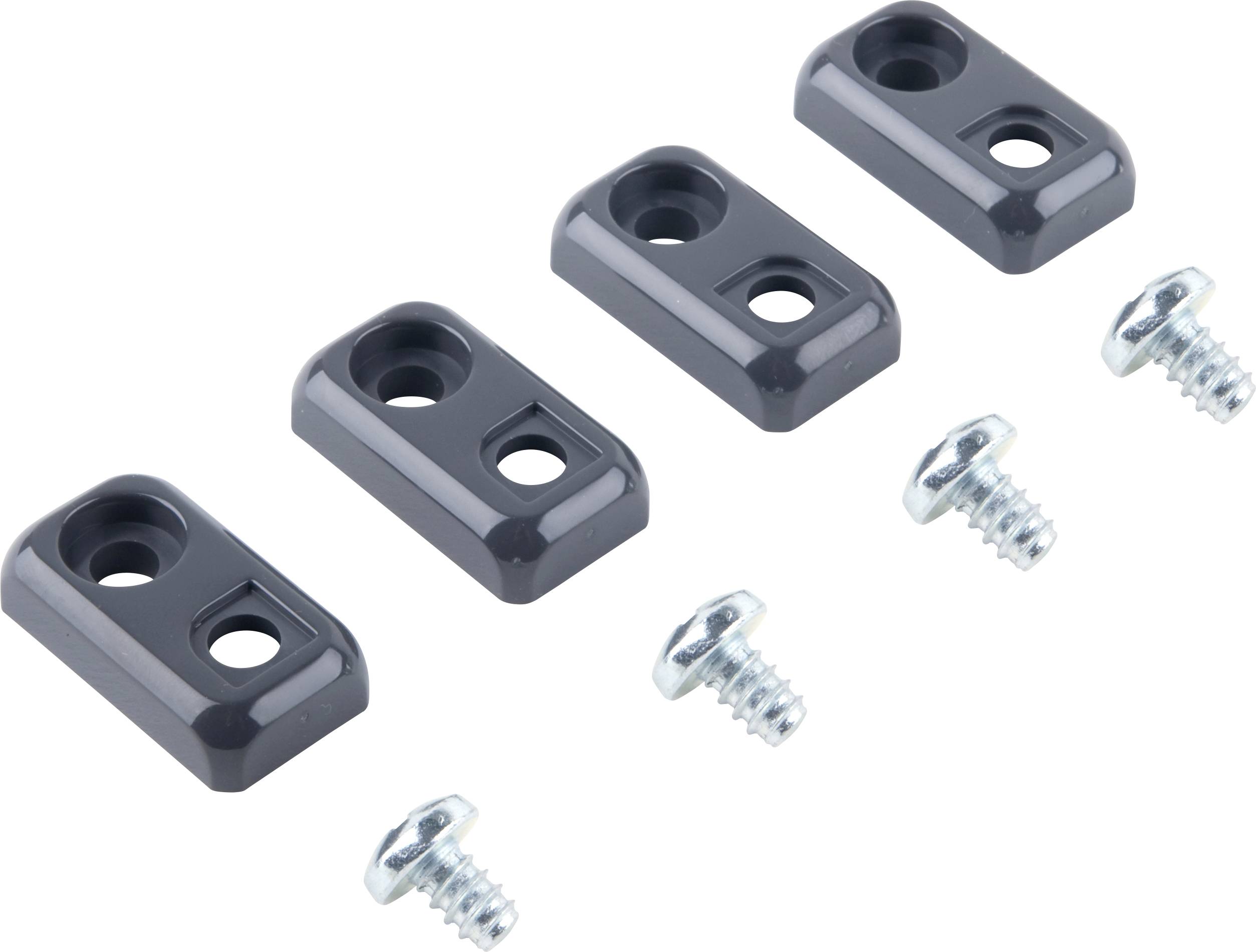 Four black mounting blocks, each with two holes, and four silver screws. Suitable for securing components.