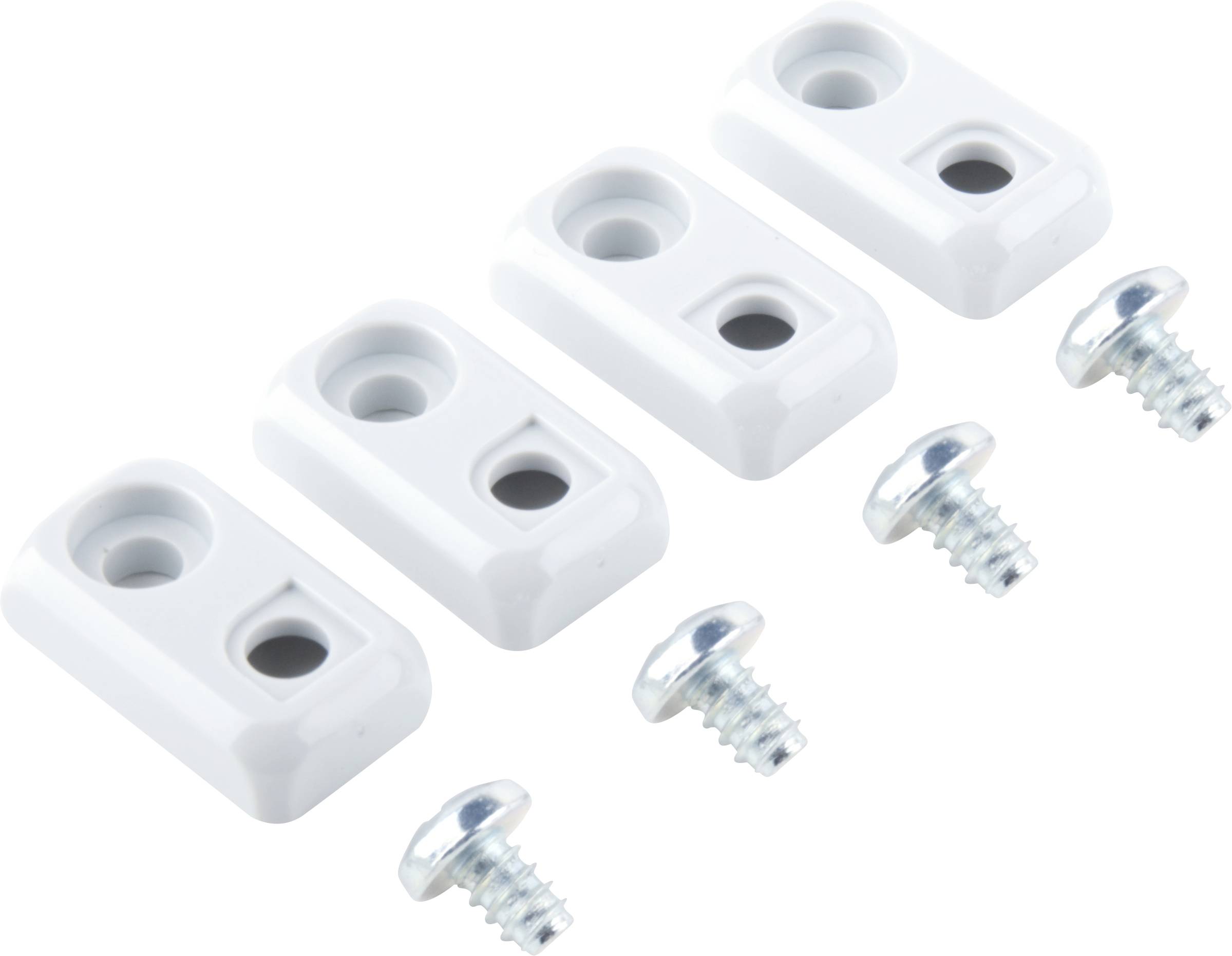 Four white plastic brackets, each with two holes, alongside four silver screws.