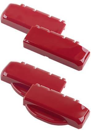 Four red plastic parts that are attached to accordions to control sound or air permeability.