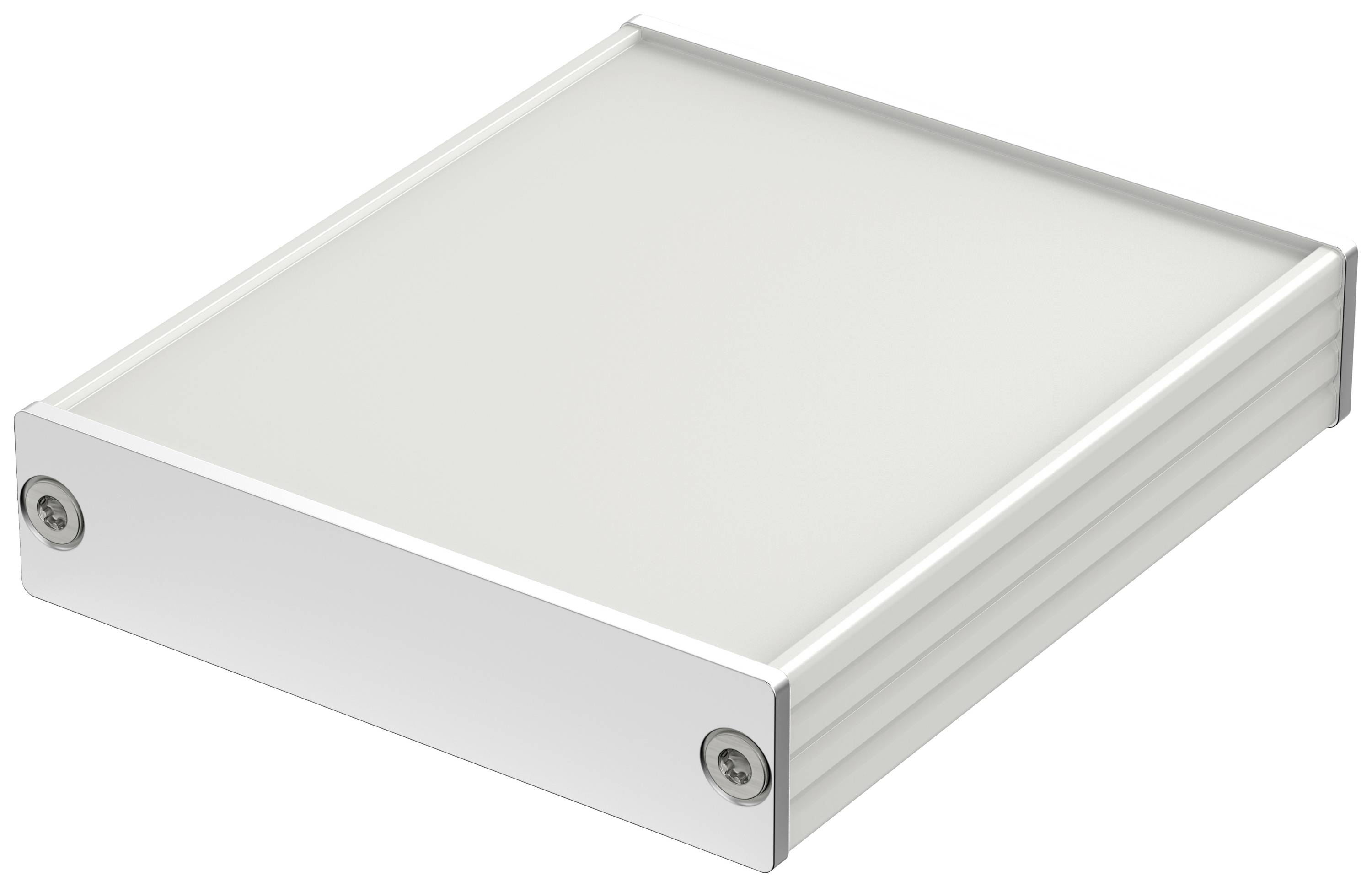 A white, rectangular metal enclosure with ribbed sides and screws at the corners.