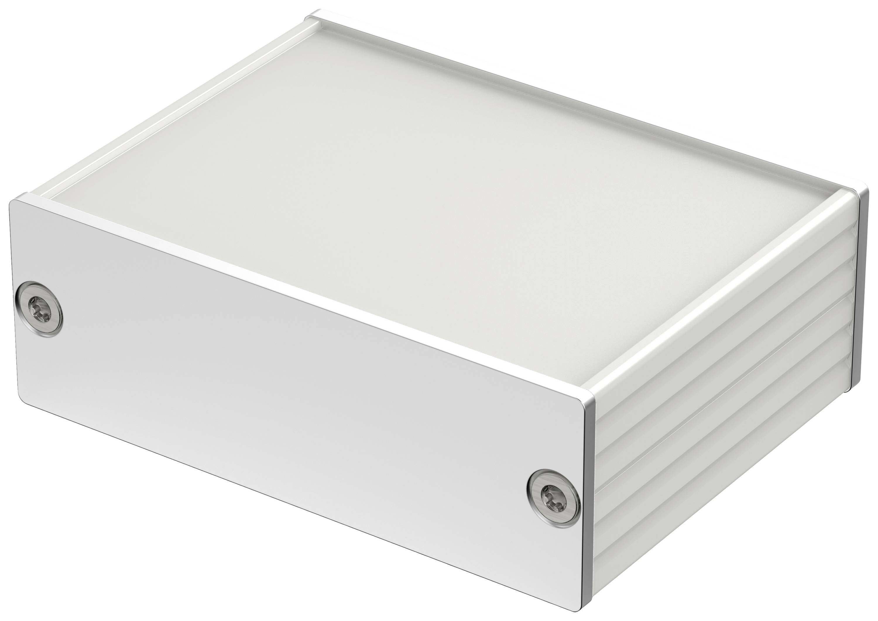 A rectangular, white enclosure with screws on the sides, possibly an electronic device or component.