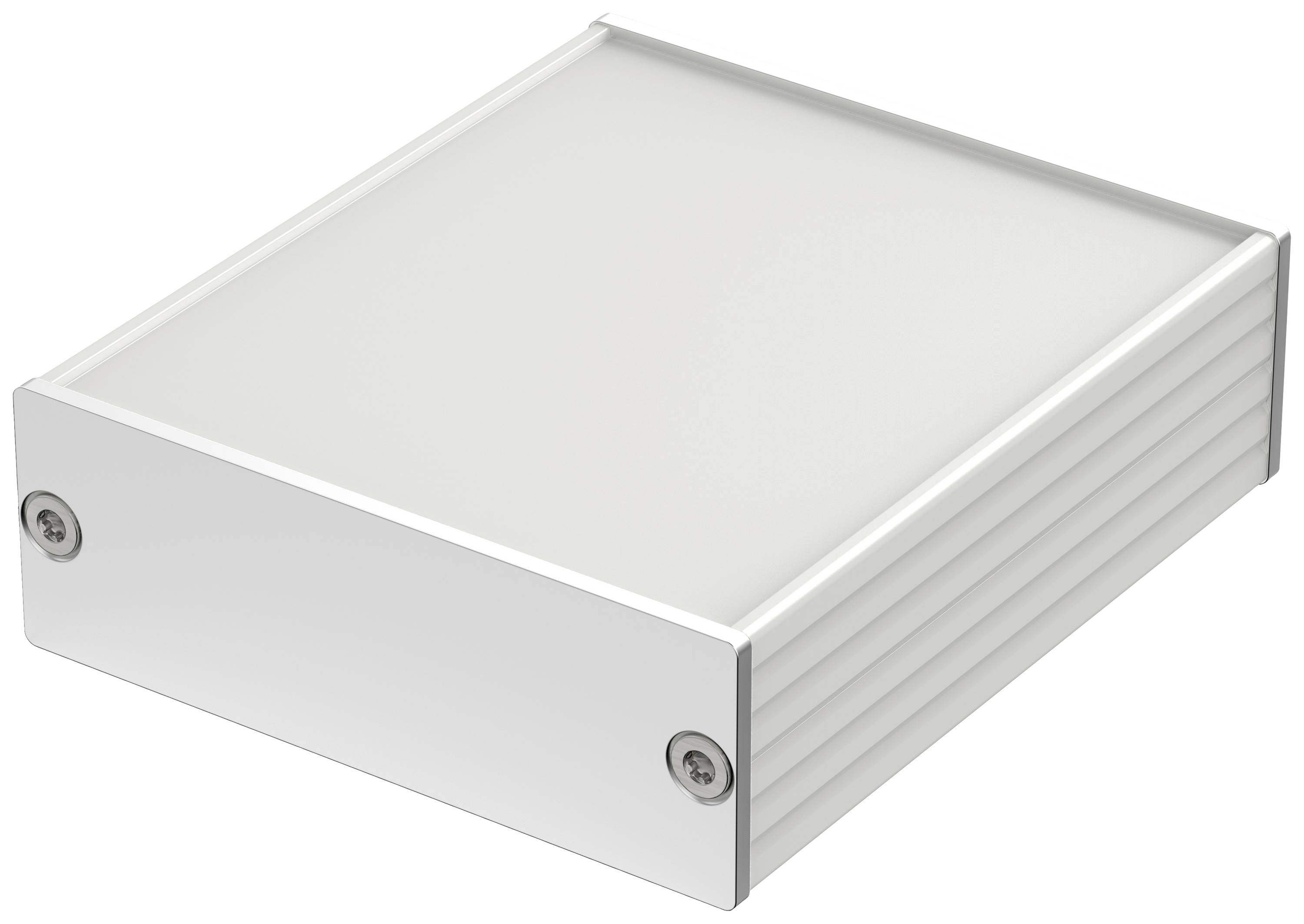 A rectangular, white metal enclosure with ribbed sides. It has a smooth, opaque cover on top and screws at the corners.