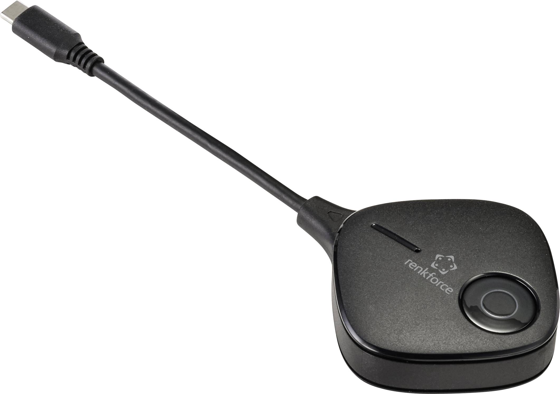 A black wireless HDMI transmitter with a USB-C port. There is a button on the front. The device is suitable for presentations.