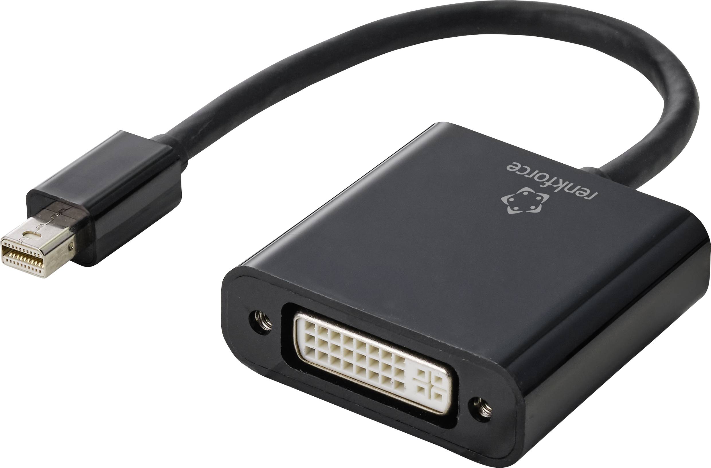A black adapter with a Mini DisplayPort socket on the left side and a DVI socket on the right side for video connections.