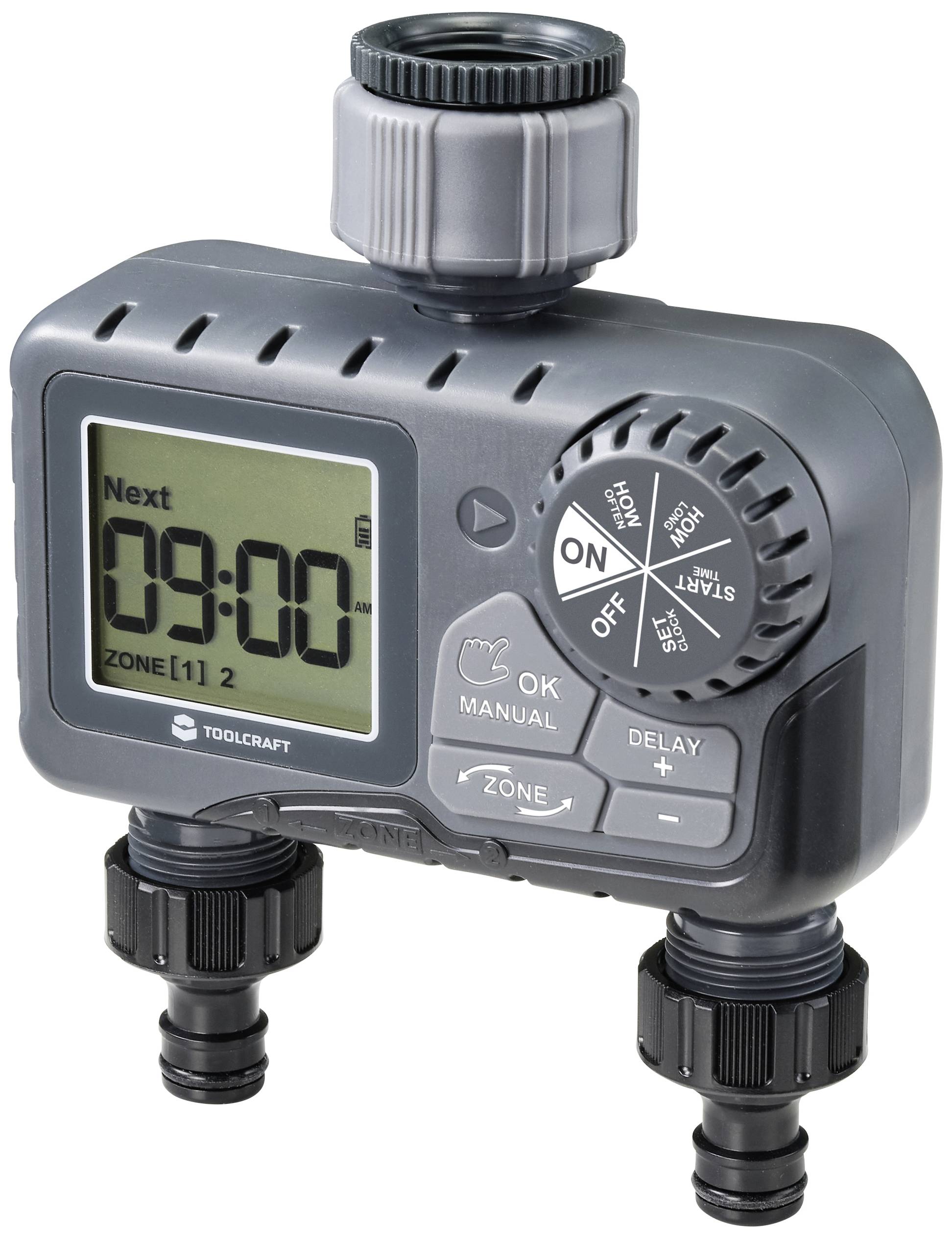Electronic irrigation timer with display and rotary dial for settings. Displays time '09:00'. Two connection points at the bottom.