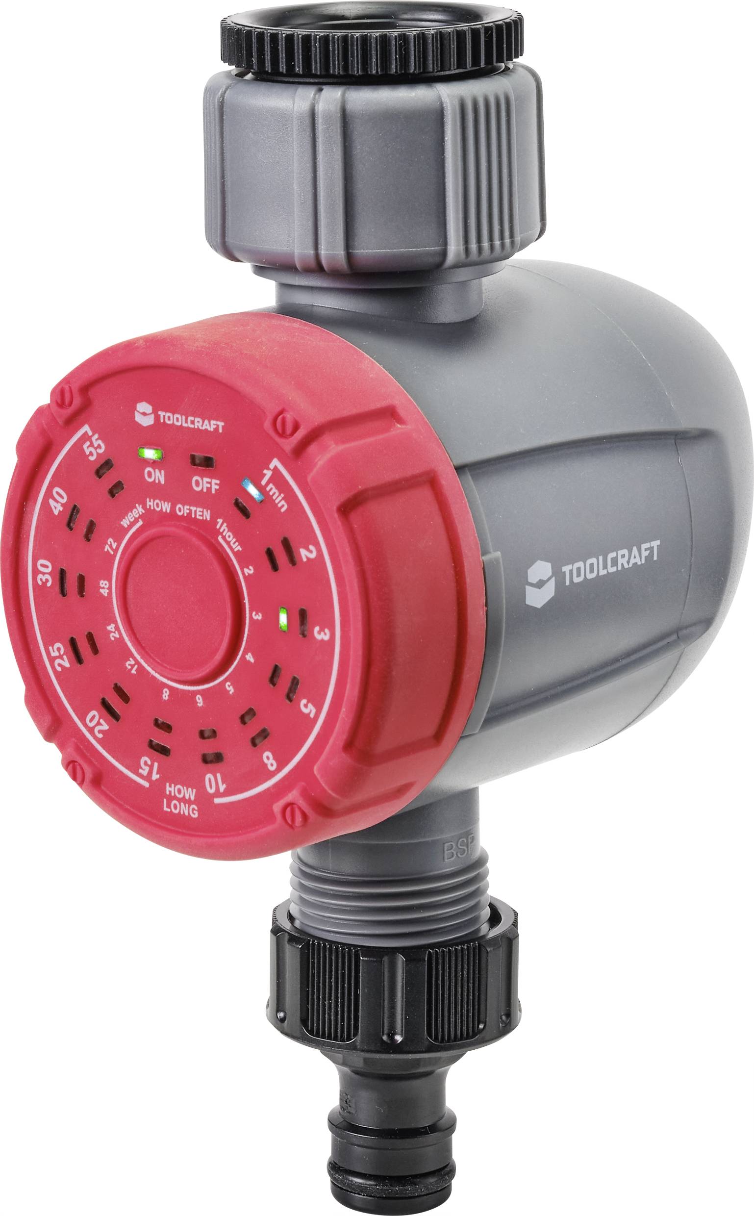 Irrigation timer with red rotary dial and black casing, 'Toolcraft' trademark, displaying minutes and interval options.