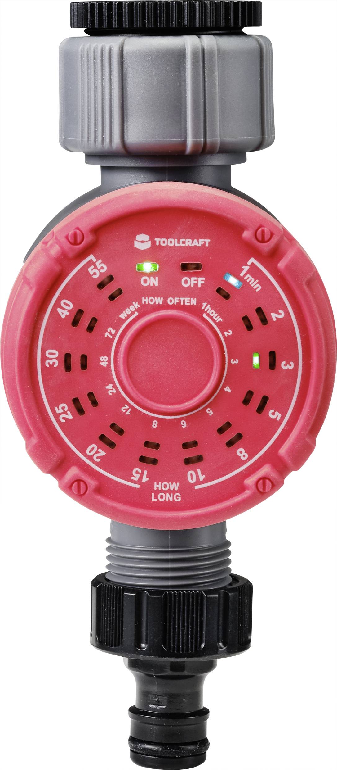 A red irrigation timer with a scale for irrigation duration and frequency. An 'ON/OFF' switch at the top.