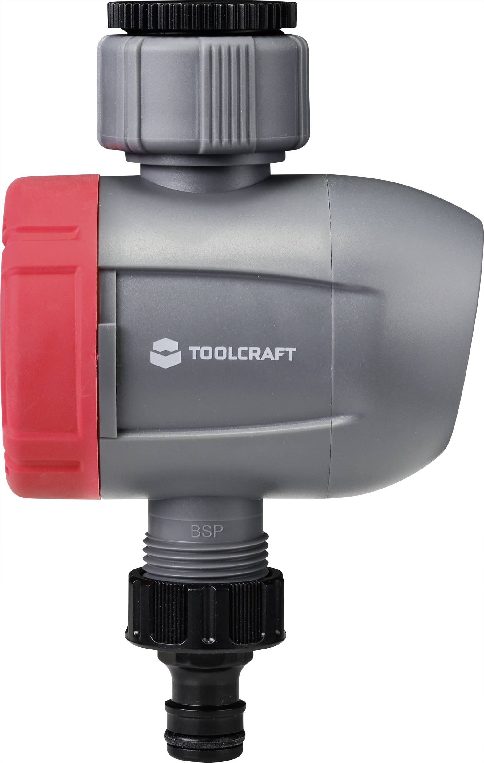 Grey electronic water timer switch with red rotary knob and black connector, featuring the 'Toolcraft' logo.