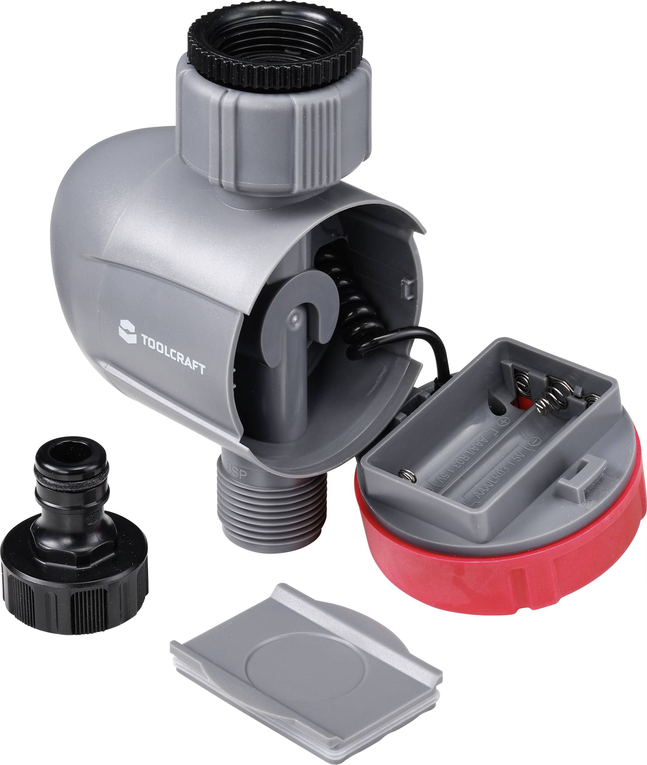 An 'electronic irrigation timer' shows an opened housing with battery compartment, water connections, and settings for irrigation.
