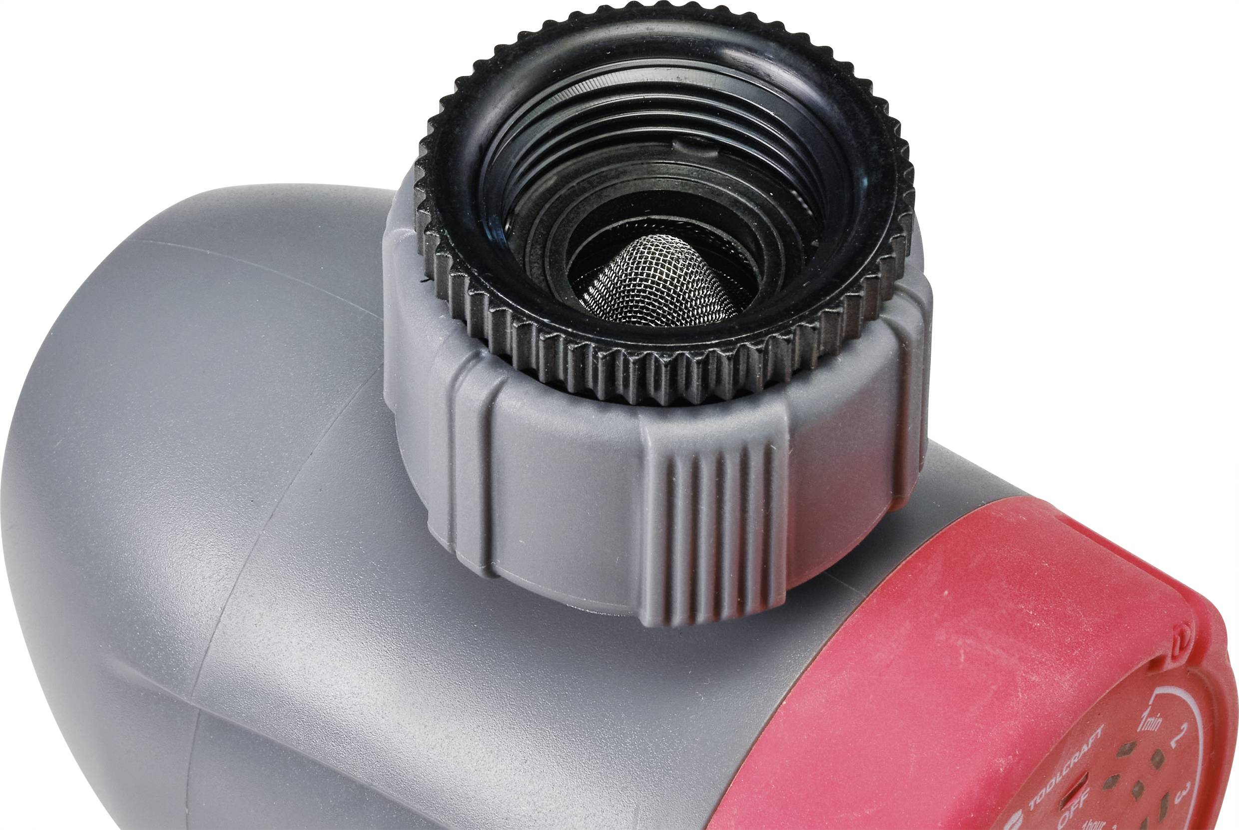 Grey and red water filter with black connection seal and integrated metal sieve, suitable for use in irrigation systems.
