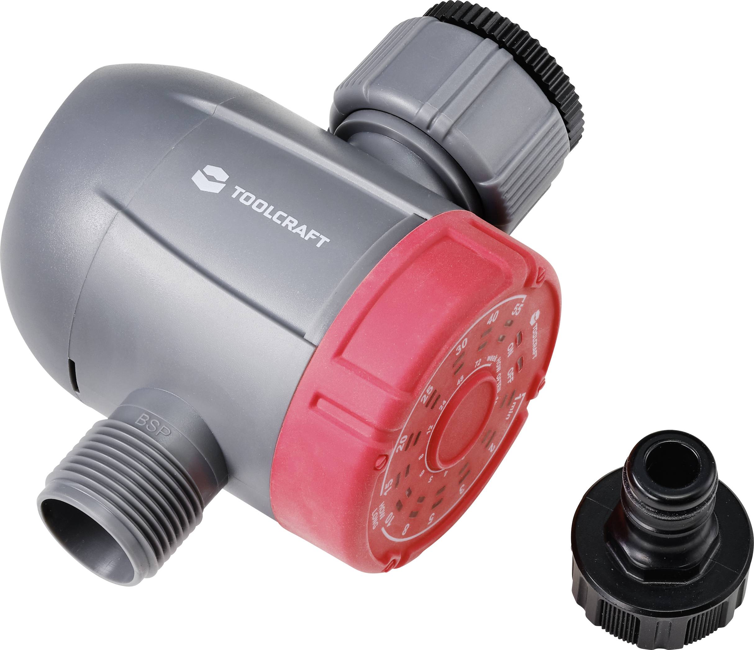 Grey and red irrigation timer by TOOLCRAFT, with detachable adapter. Perfect for automatic garden watering.