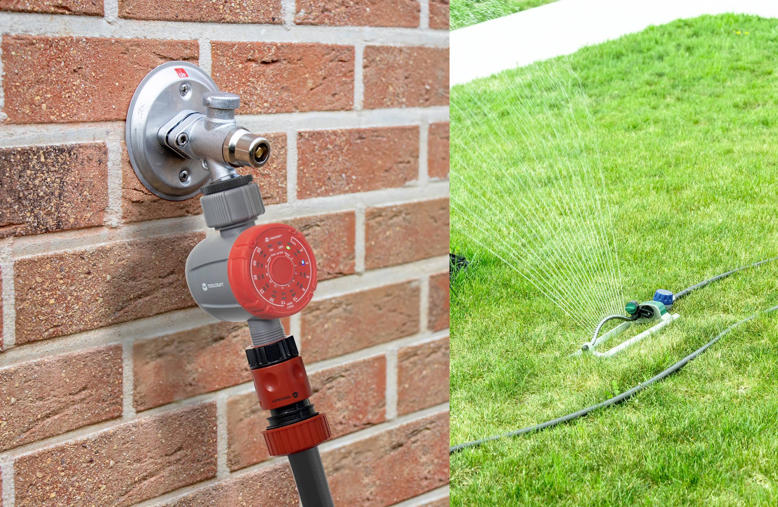 An irrigation timer is attached to an outdoor tap, connected by a hose to a lawn sprinkler that waters the grass.