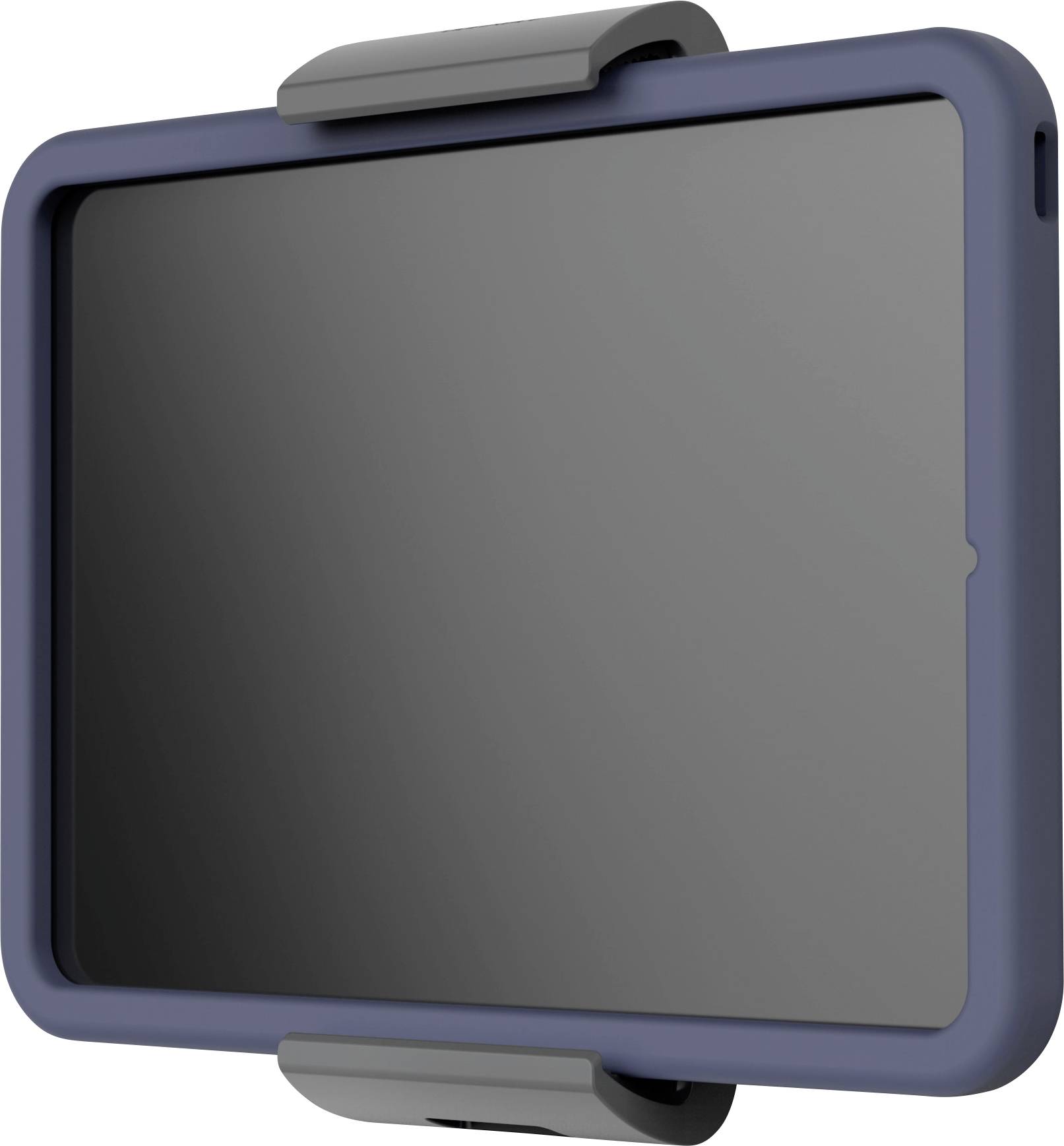 A tablet in a blue protective case with grey clips at the corners, shown at a slight angle from the side.