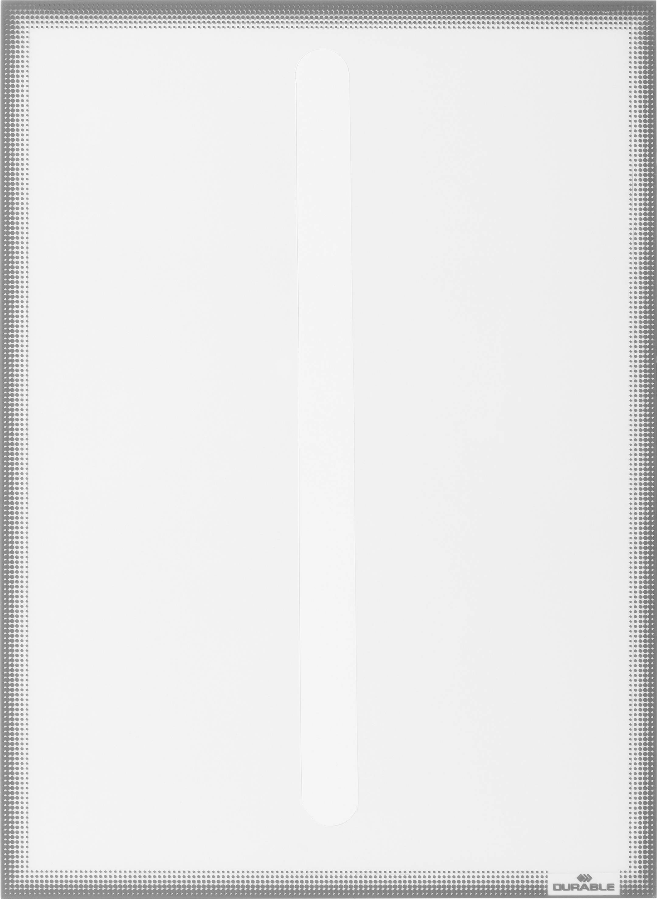 A white wall-mounted holder with a silver border, suitable for inserting information or pictures in a vertical orientation.