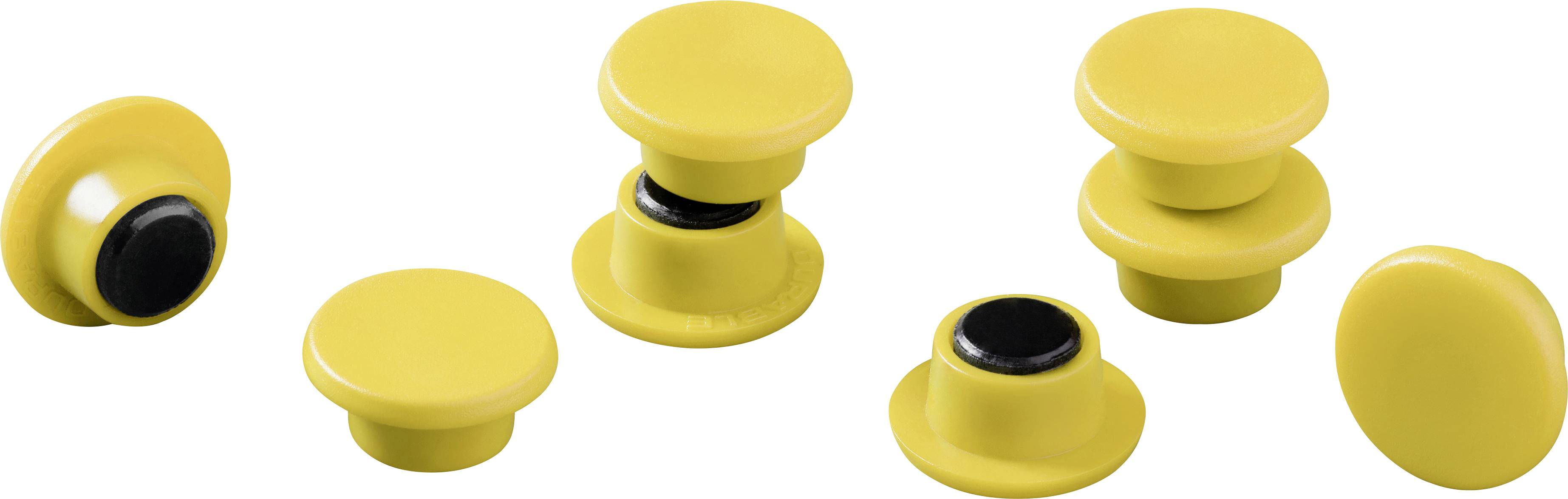 Yellow plastic snap fasteners in different perspectives. They consist of two parts that can be snapped together.