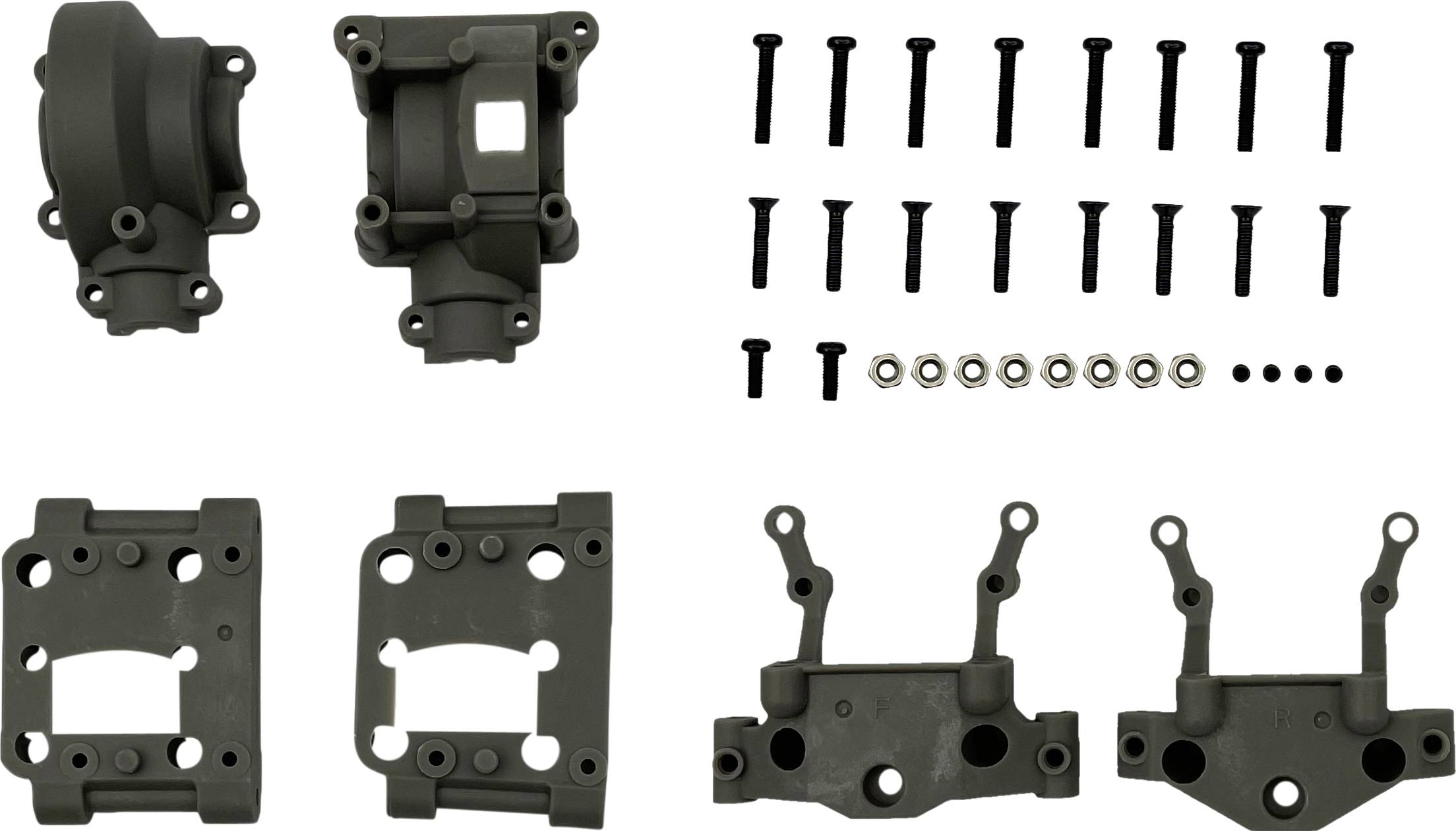 Image shows various black automotive components, including screws, nuts and housing parts, on a white background.