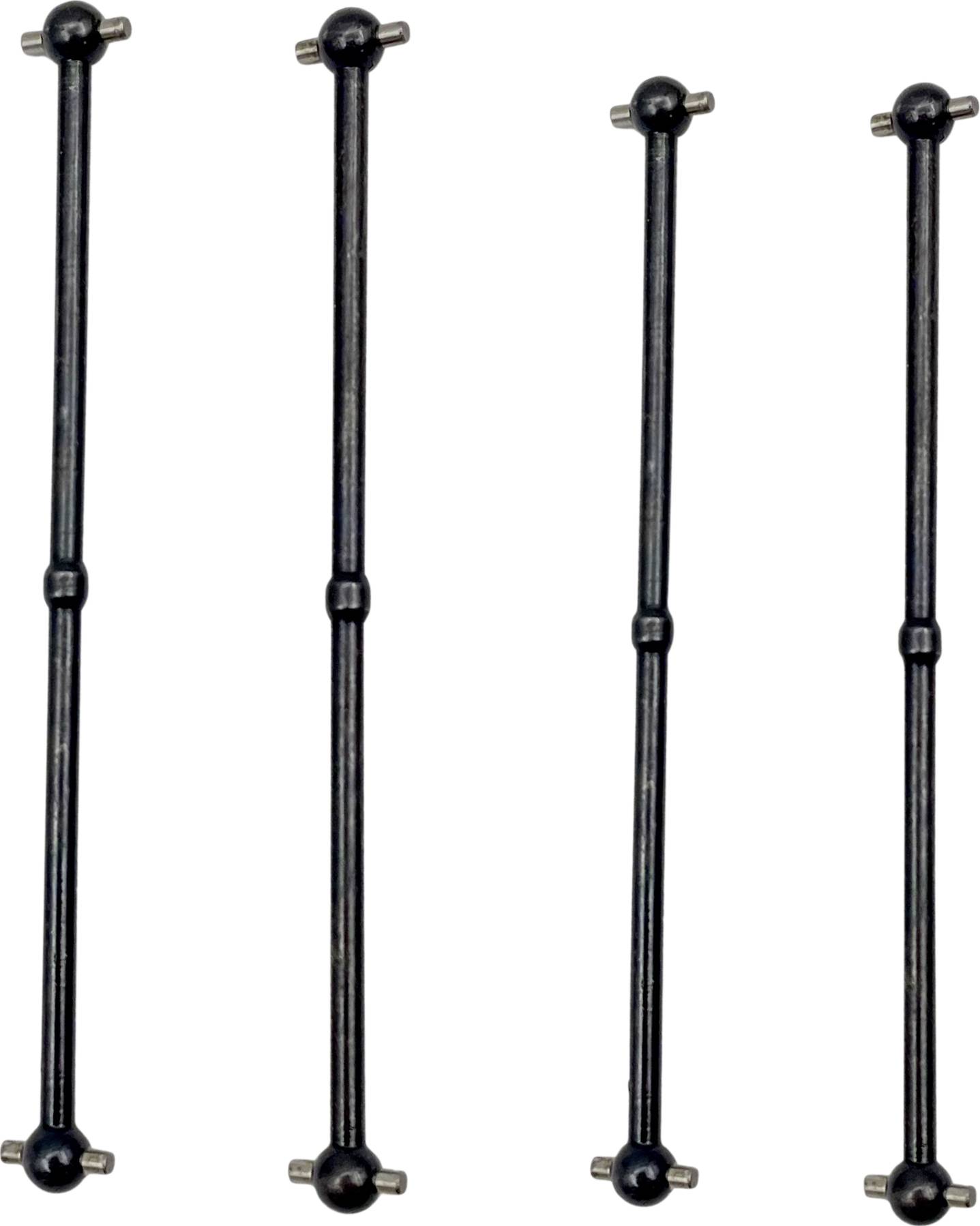 Four black metal rods with ball joints at their ends, vertically aligned, likely part of a mechanism or system.