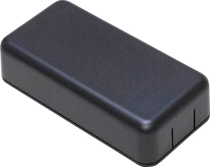 A rectangular, black plastic casing with rounded corners. It could be a component for electronic devices.