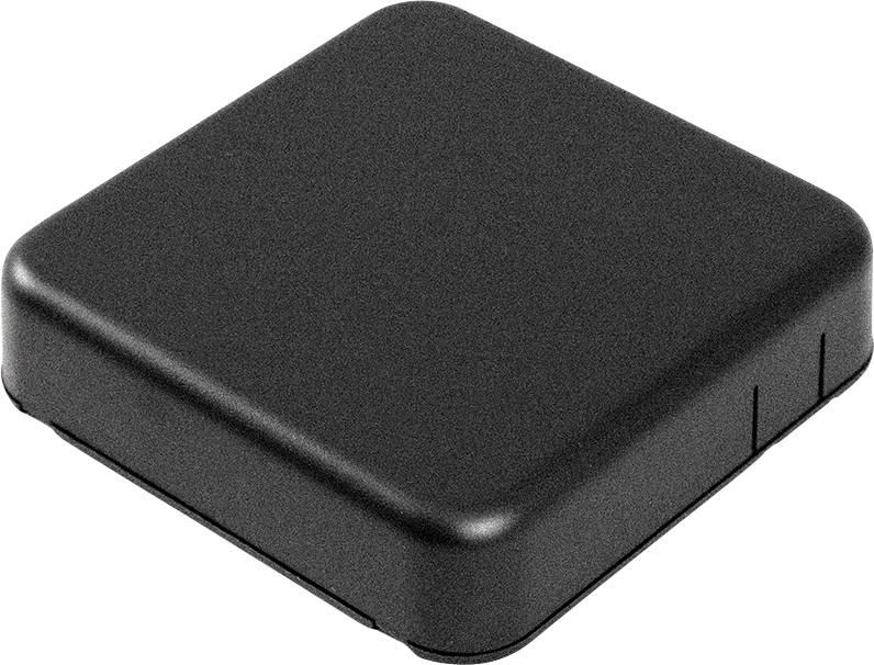 A black, square plastic casing with rounded corners. It is closed and displays no visible branding or design elements.