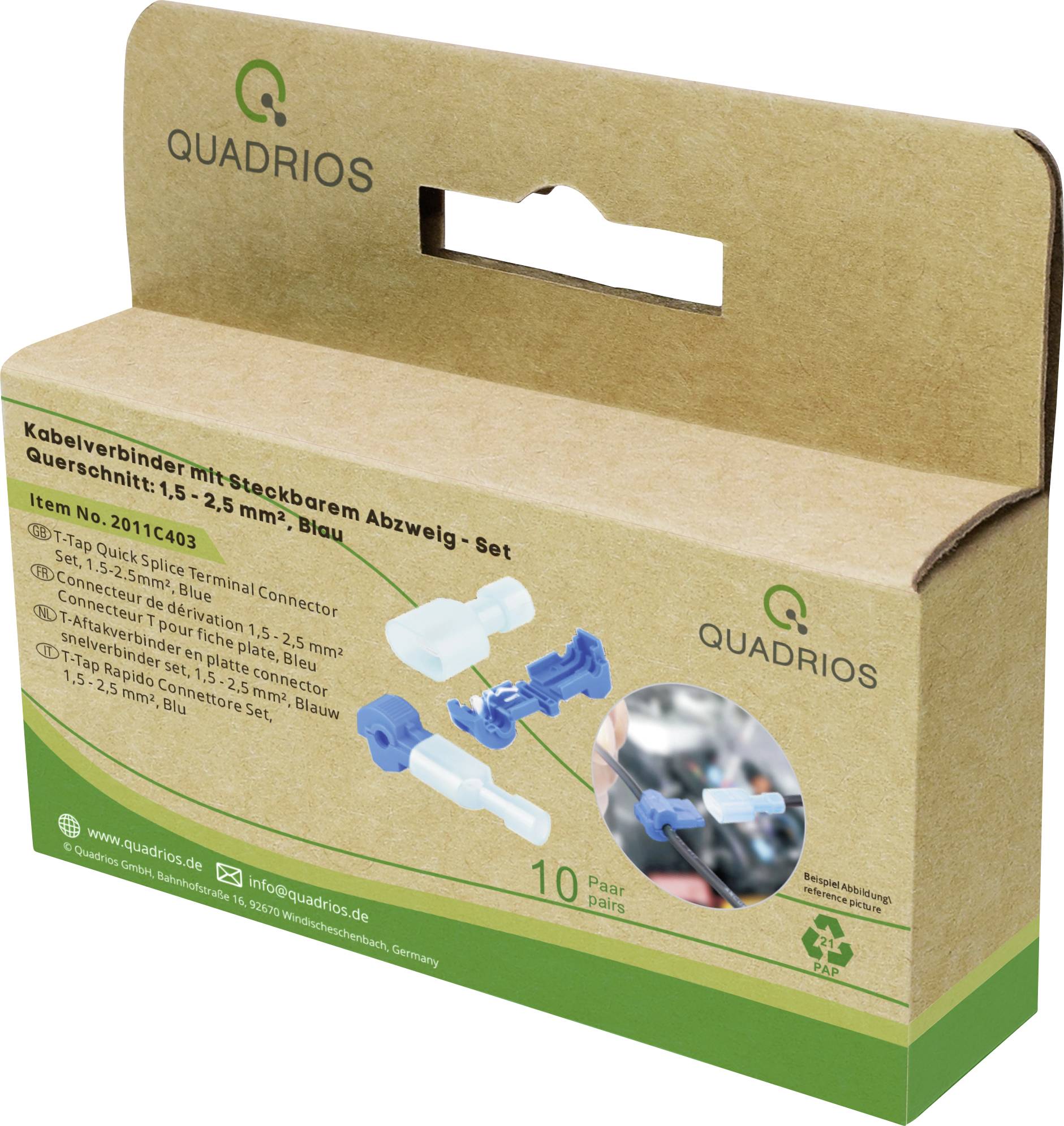 Quadrios 2011C403 2011C403 Stub connector flexible: 1-2.5 mm² fixed: 1-2.5 mm² Number of pins: 2 20 pc(s) Blue