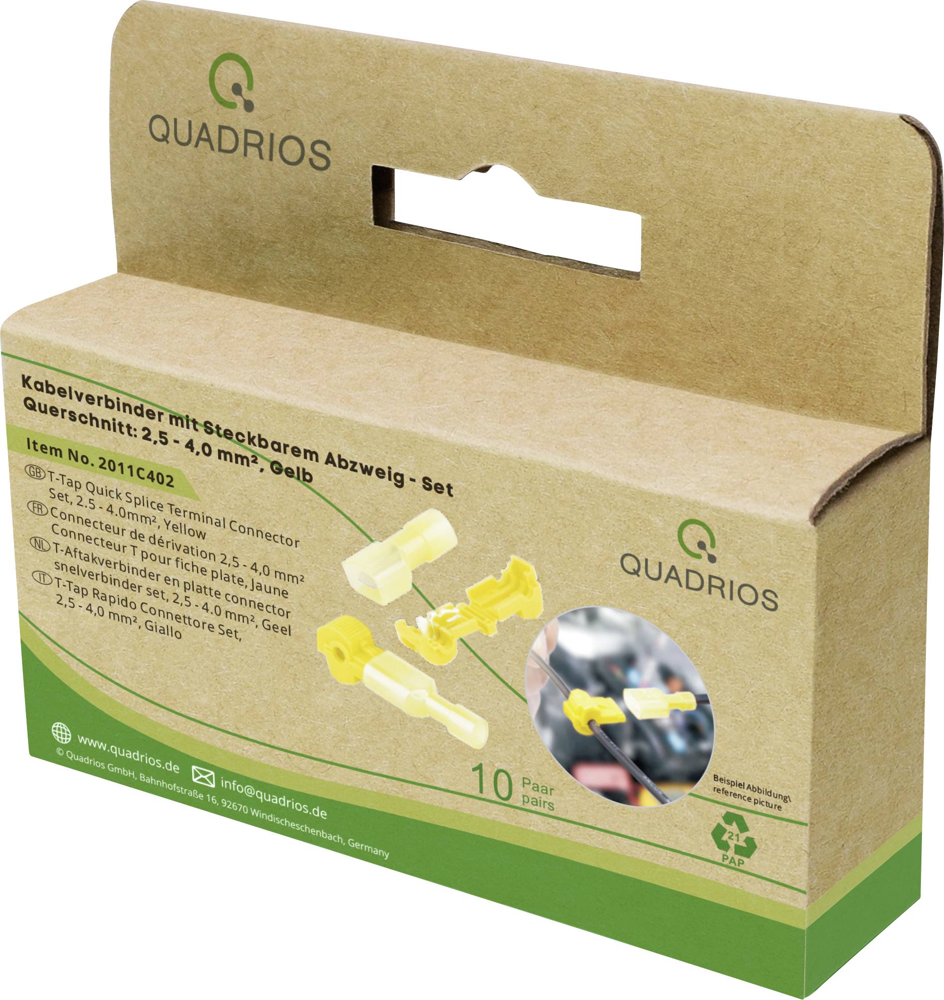 Quadrios 2011C404 2011C404 Stub connector flexible: 4-6 mm² fixed: 4-6 mm² Number of pins: 2 20 pc(s) Yellow