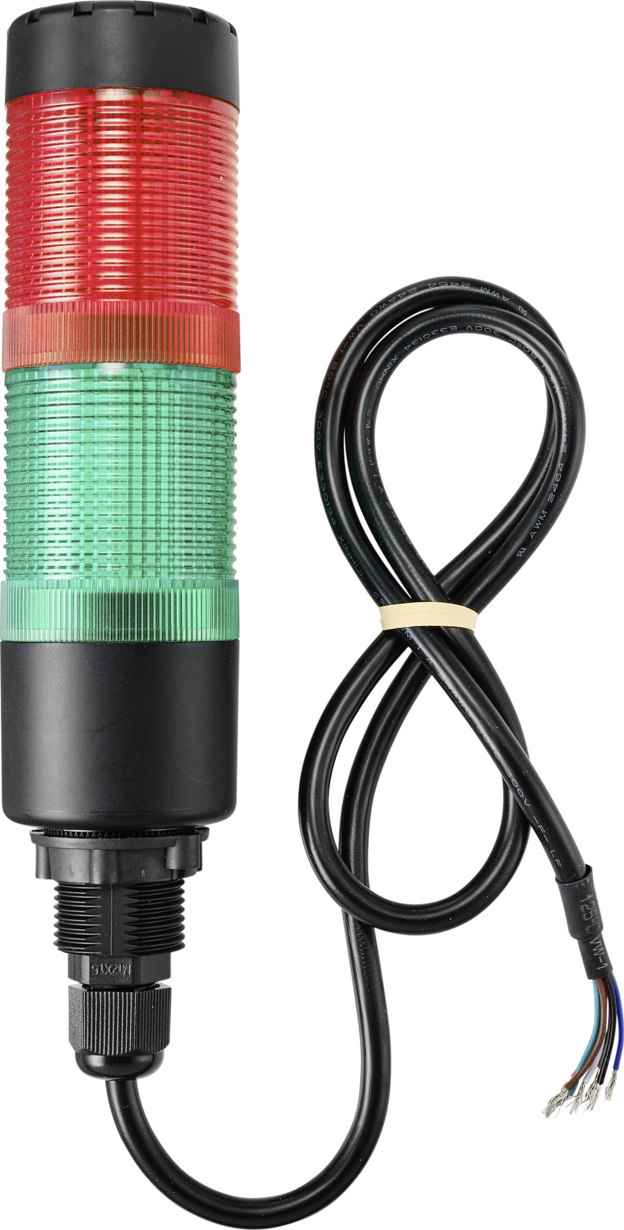 Two-stage signal light: red on top, green on bottom, with black electrical cable.