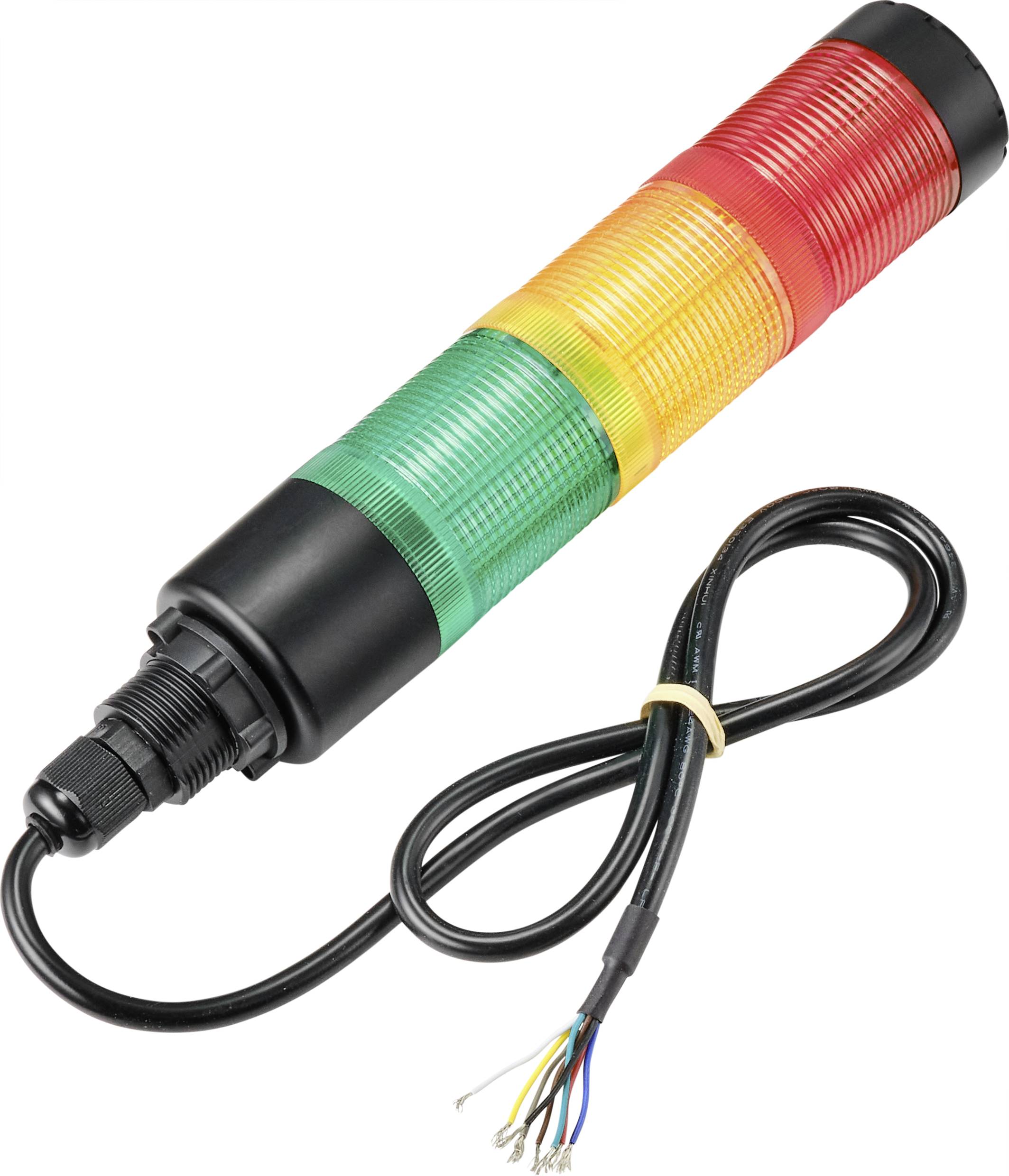 Columnar signal light with red, yellow, and green lights. Cable connected with exposed ends. Industrial device.