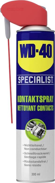 WD-40 Specialist Contact Spray, 300 ml, with red spray nozzle. For cleaning contacts, non-conductive, quick-drying, residue-free.