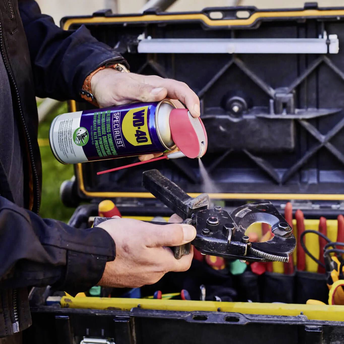 A person sprays lubricant onto a tool with a toolbox containing various tools in the background.