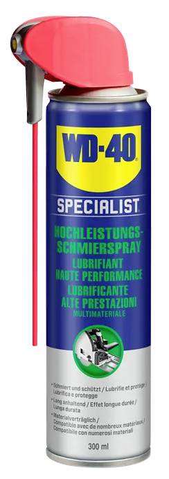 Spray can of WD-40 Specialist High Performance Lubricant, featuring a red precision straw for targeted application.