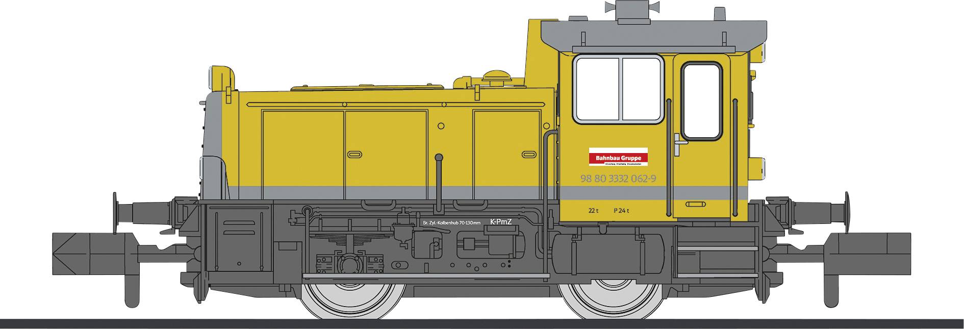 Yellow locomotive viewed from the side with a black chassis and a red shield on the driver's cabin.