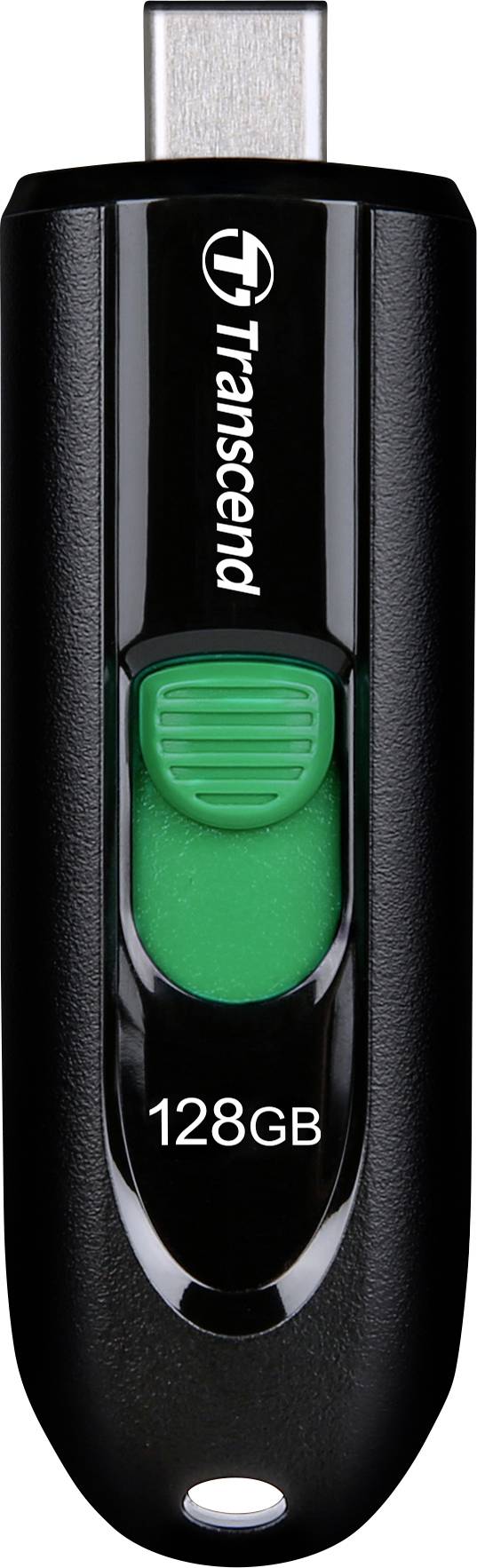 USB flash drive with 128GB storage, black casing, green slide switch cover, Transcend logo visible.