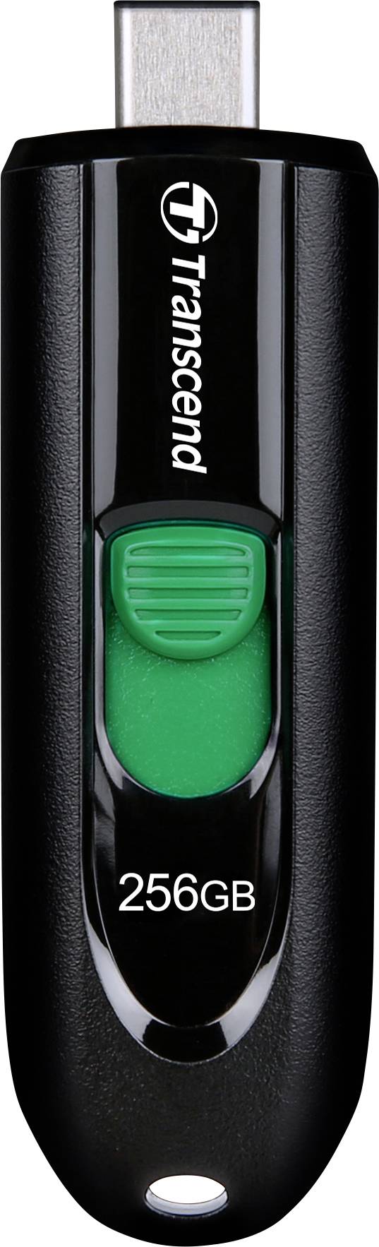 A black USB stick with a green slider, bearing '256GB' and 'Transcend' markings.