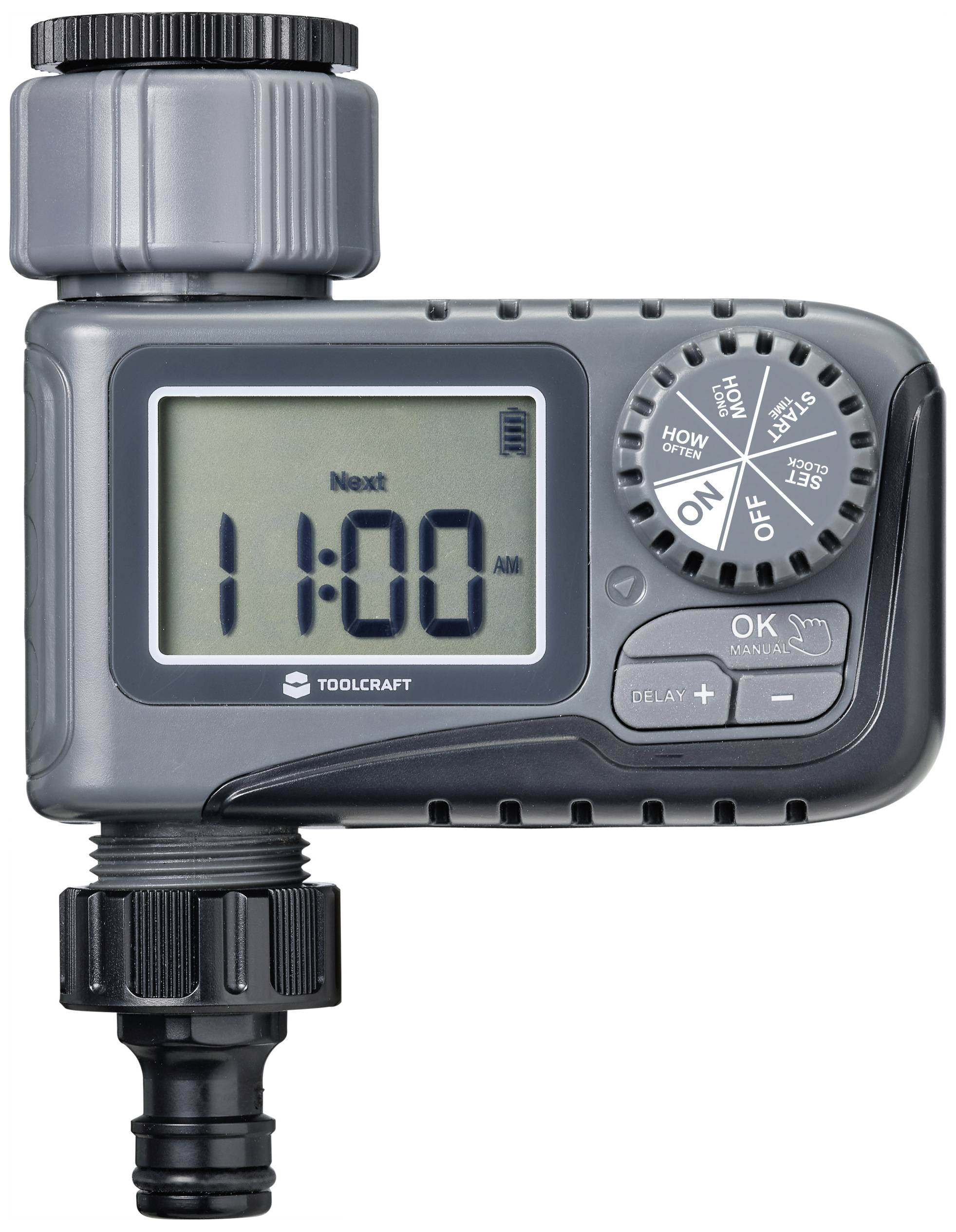 A programmable irrigation timer with a digital display shows '11:00'. Rotary controls for adjusting frequency and duration.