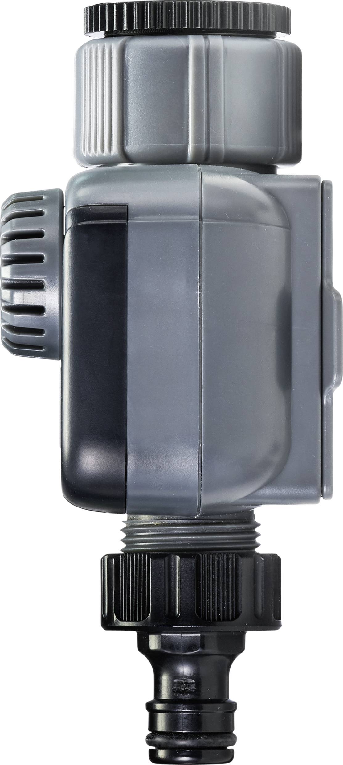 Grey, rectangular water connection adapter with a black handle and connection piece, shown in profile.