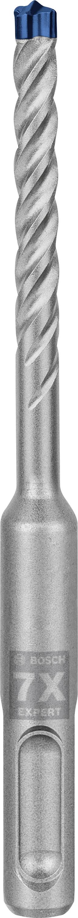 Metal drill bit in close-up. The drill bit has a silver colour and a spiral-pointed tip with a blue head section.