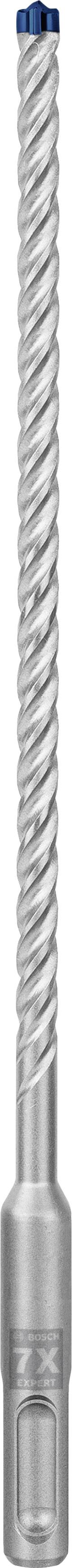 A cylindrical, metallic drill bit with spiral grooves and a blue tip. Suitable for concrete or masonry.