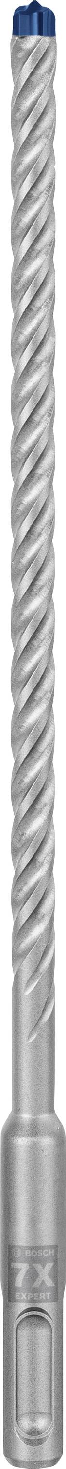 Silver spiral drill bit with blue tip and fluted surface. Suitable for drilling in hard materials.