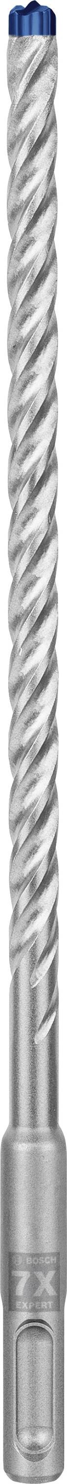 A metal drill bit with spiral grooves and a blue head. It is used for drilling into hard materials such as concrete or stone.