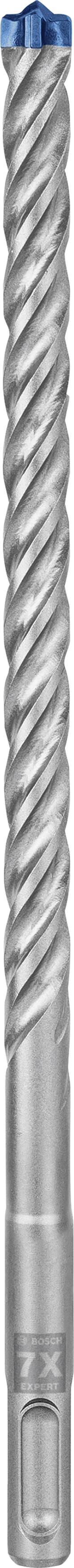 A silver, spiral drill bit with a blue accent on top. Suitable for use in concrete or masonry.