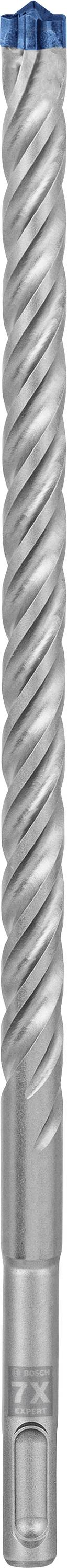 A grey drill bit with a blue tip and spiral design, suitable for drilling into hard materials such as concrete or stone.