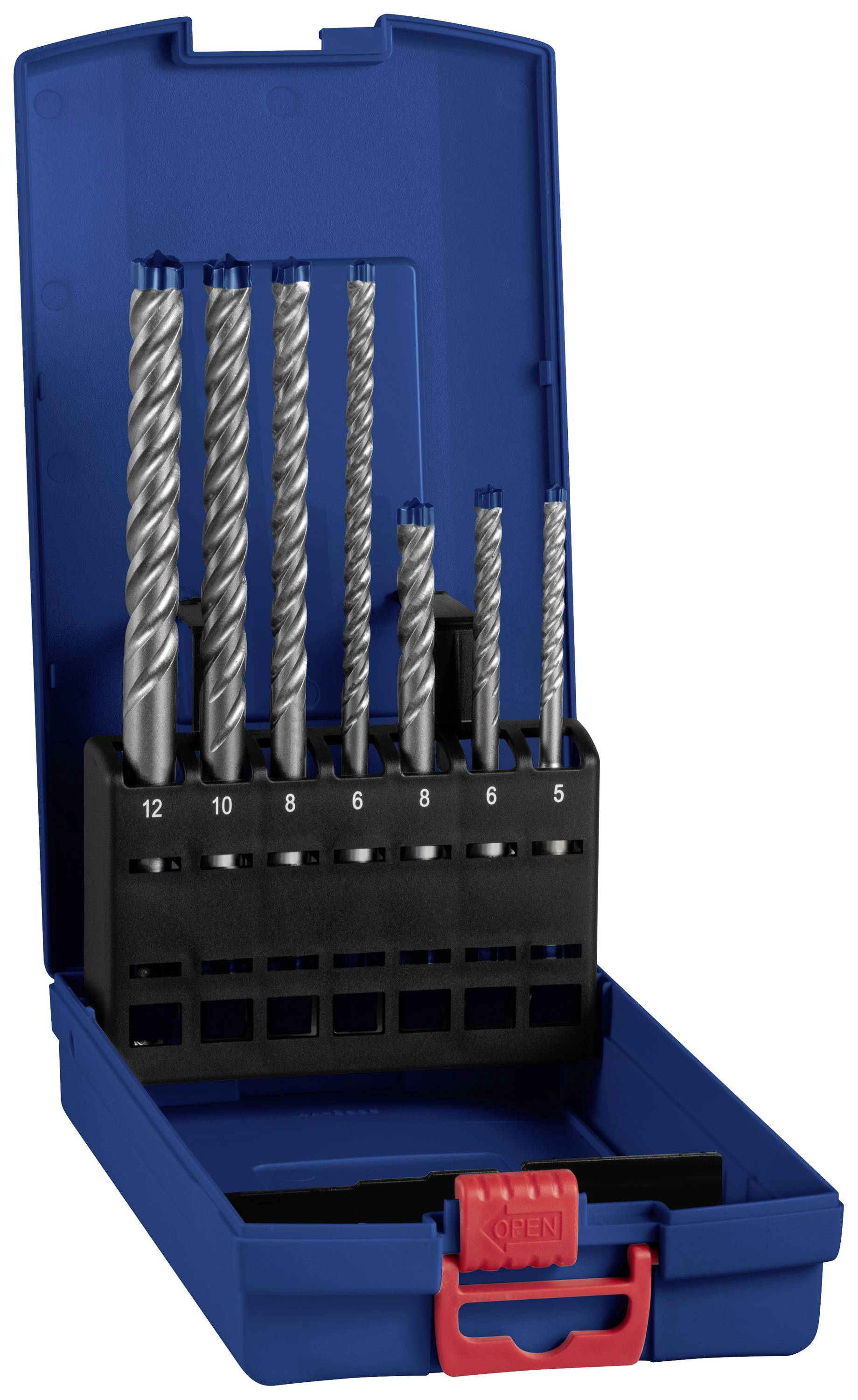 Set of drill bits in a blue plastic case with a red fastener. Bits in various sizes from 5 to 12 millimetres.